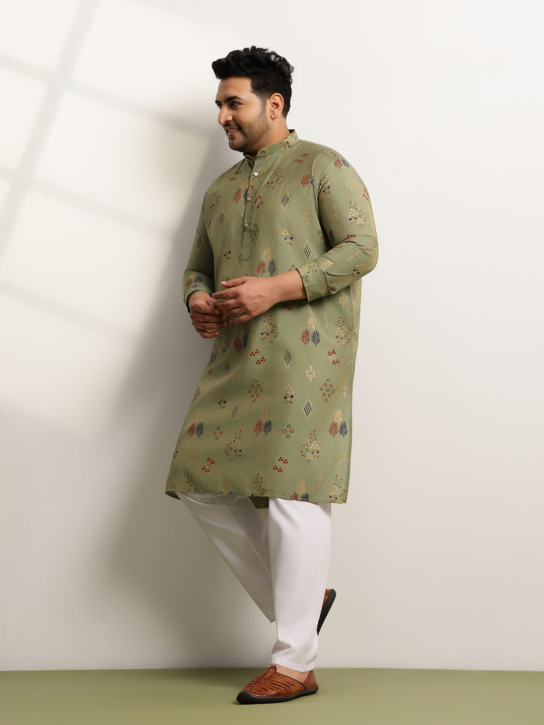Men’s Silk Blend Motifs Print Mehndi Long Kurta