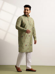 Men’s Silk Blend Motifs Print Mehndi Long Kurta