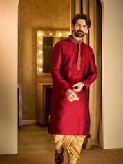 Men's Maroon & Gold Silk Blend Kurta & Dhoti Set