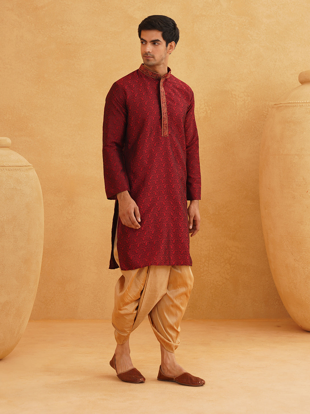 Men's Maroon & Gold Silk Blend Kurta & Dhoti Set