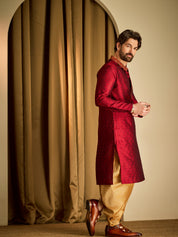 Men's Maroon & Gold Silk Blend Kurta & Dhoti Set