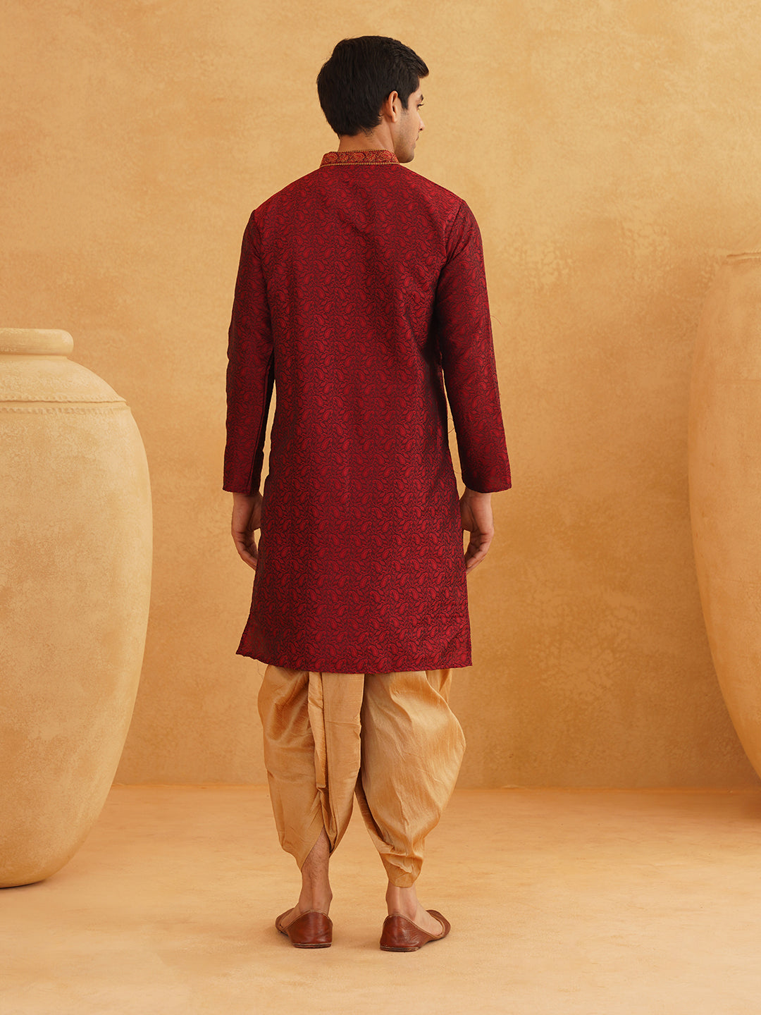 Men's Maroon & Gold Silk Blend Kurta & Dhoti Set