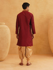 Men's Maroon & Gold Silk Blend Kurta & Dhoti Set