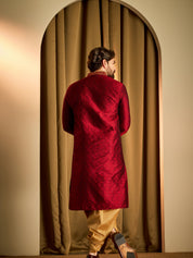 Men's Maroon & Gold Silk Blend Kurta & Dhoti Set