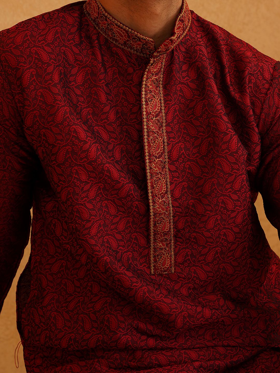 Men's Maroon & Gold Silk Blend Kurta & Dhoti Set