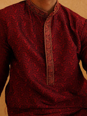 Men's Maroon & Gold Silk Blend Kurta & Dhoti Set