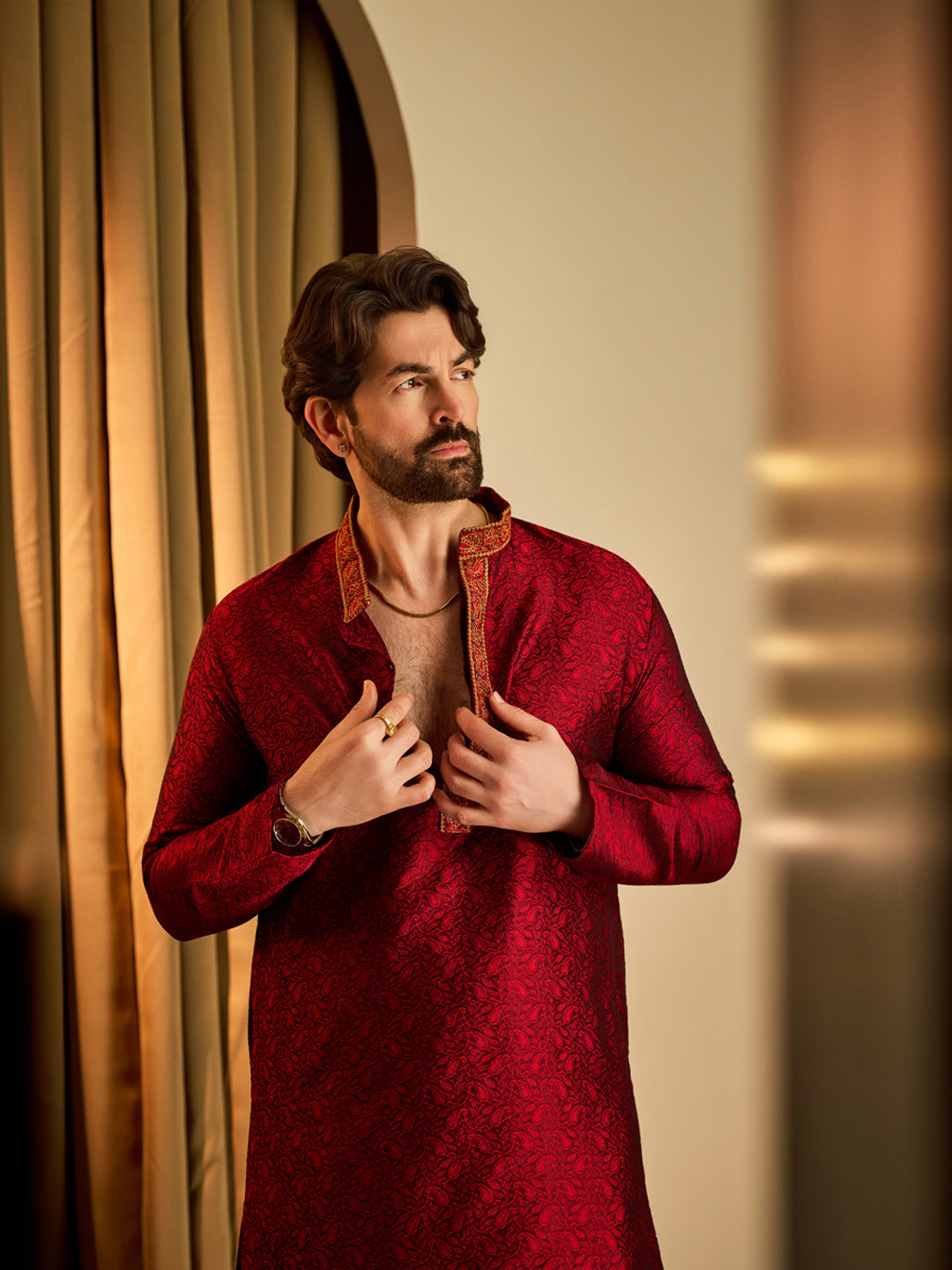 Men's Maroon & Gold Silk Blend Kurta & Dhoti Set
