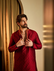 Men's Maroon & Gold Silk Blend Kurta & Dhoti Set