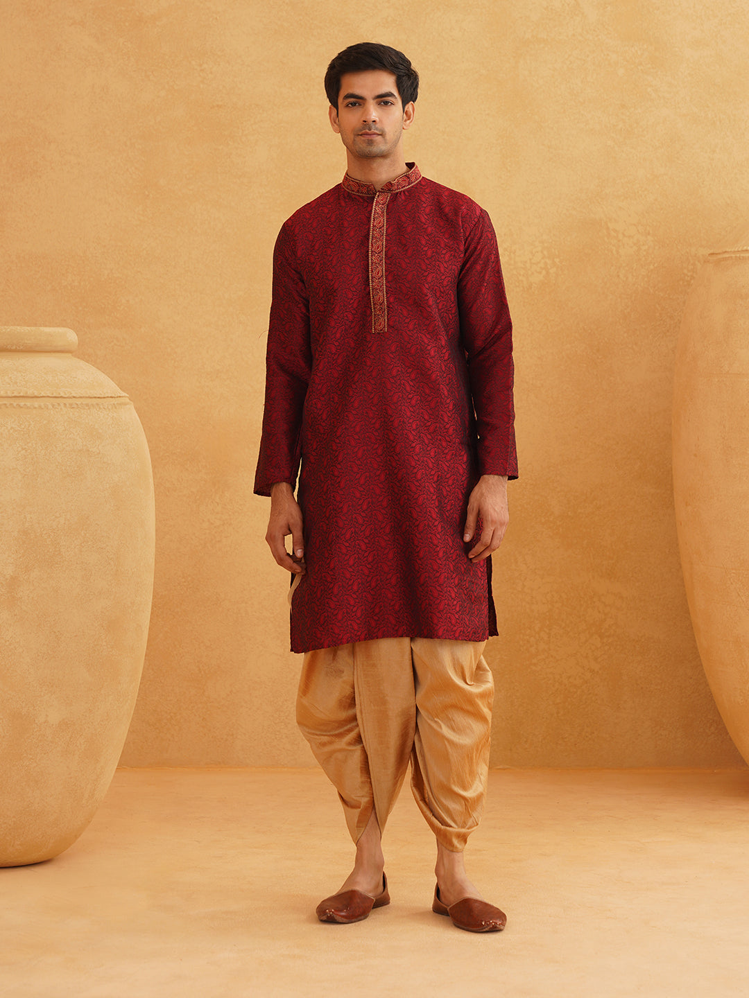 Men's Maroon & Gold Silk Blend Kurta & Dhoti Set