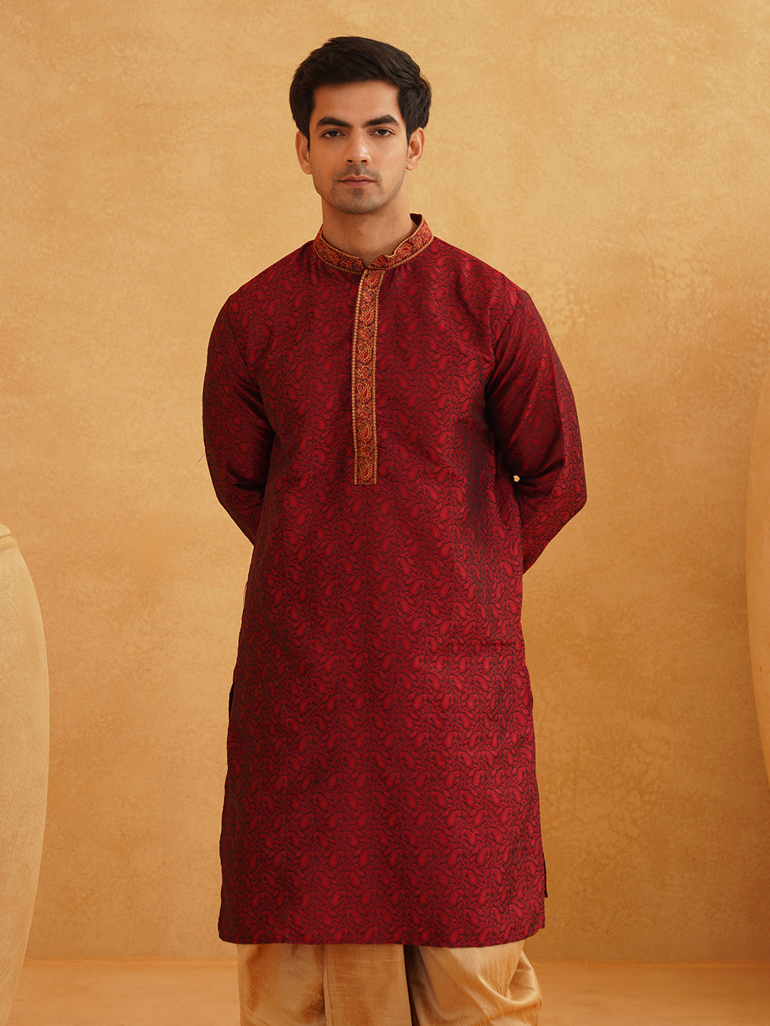 Men's Maroon & Gold Silk Blend Kurta & Dhoti Set