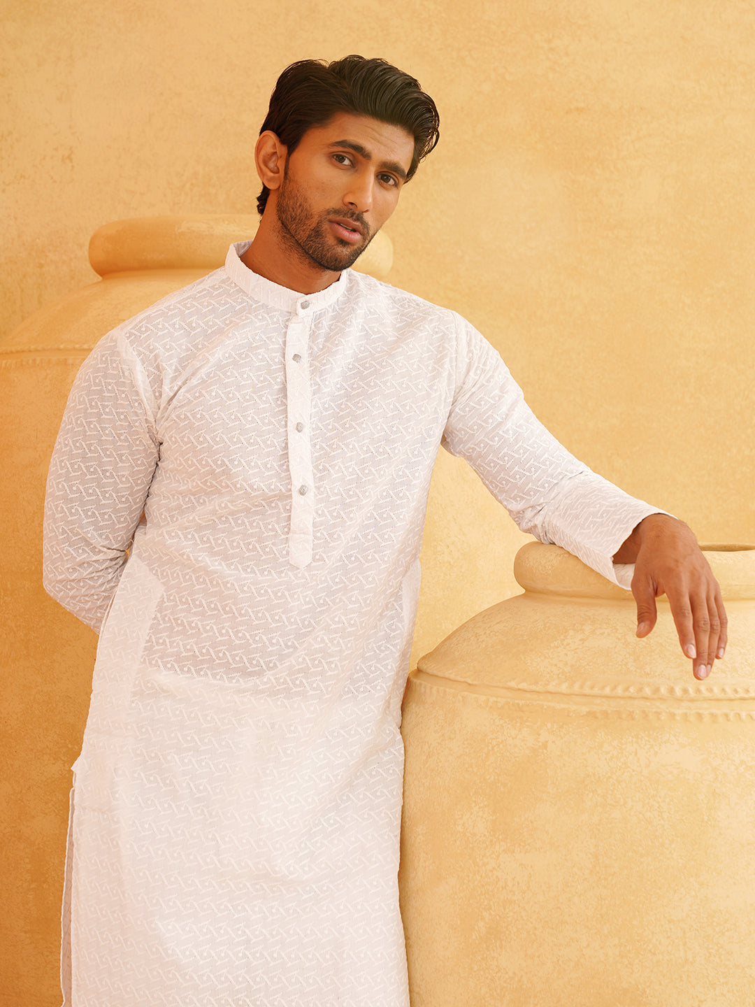 Sojanya Ethnic Motifs Embroidered Thread Work Pure Cotton White Straight Kurta With Churidar