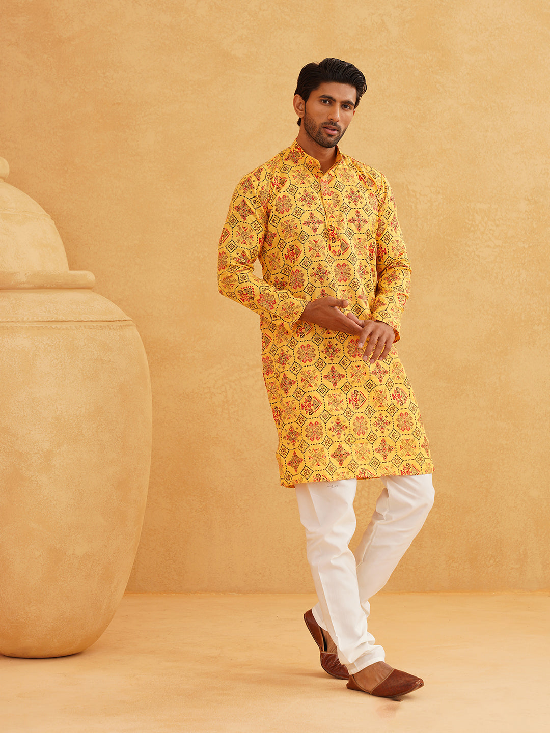 Men's Cotton Blend Yellow Kurta and Churidar Pyjama Set