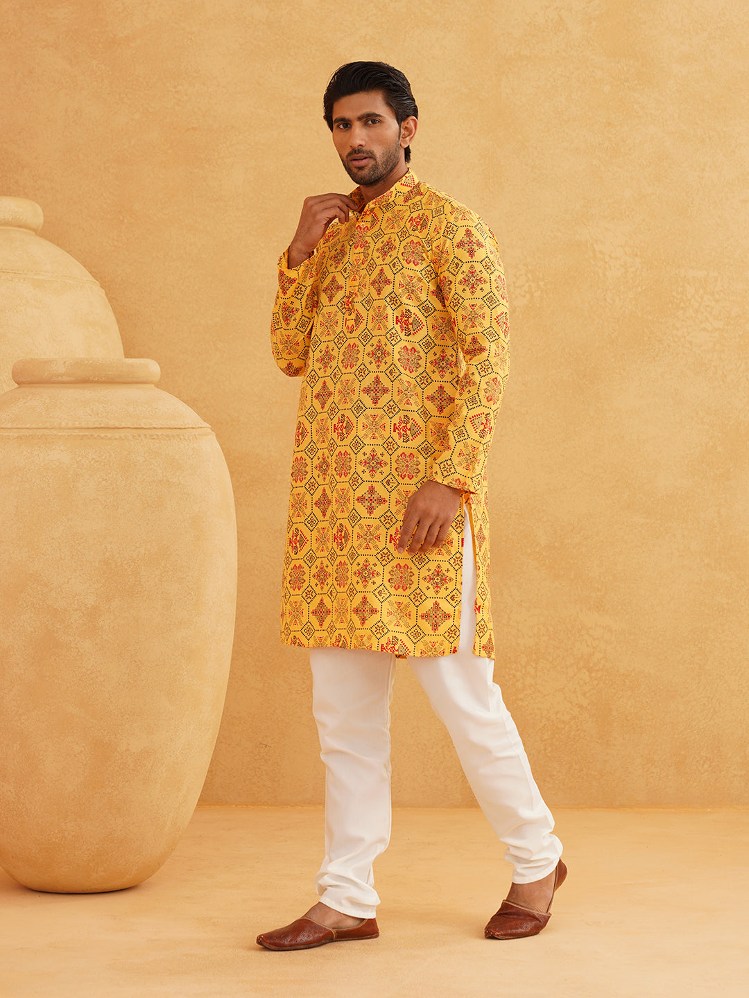 Men's Cotton Blend Yellow Kurta and Churidar Pyjama Set