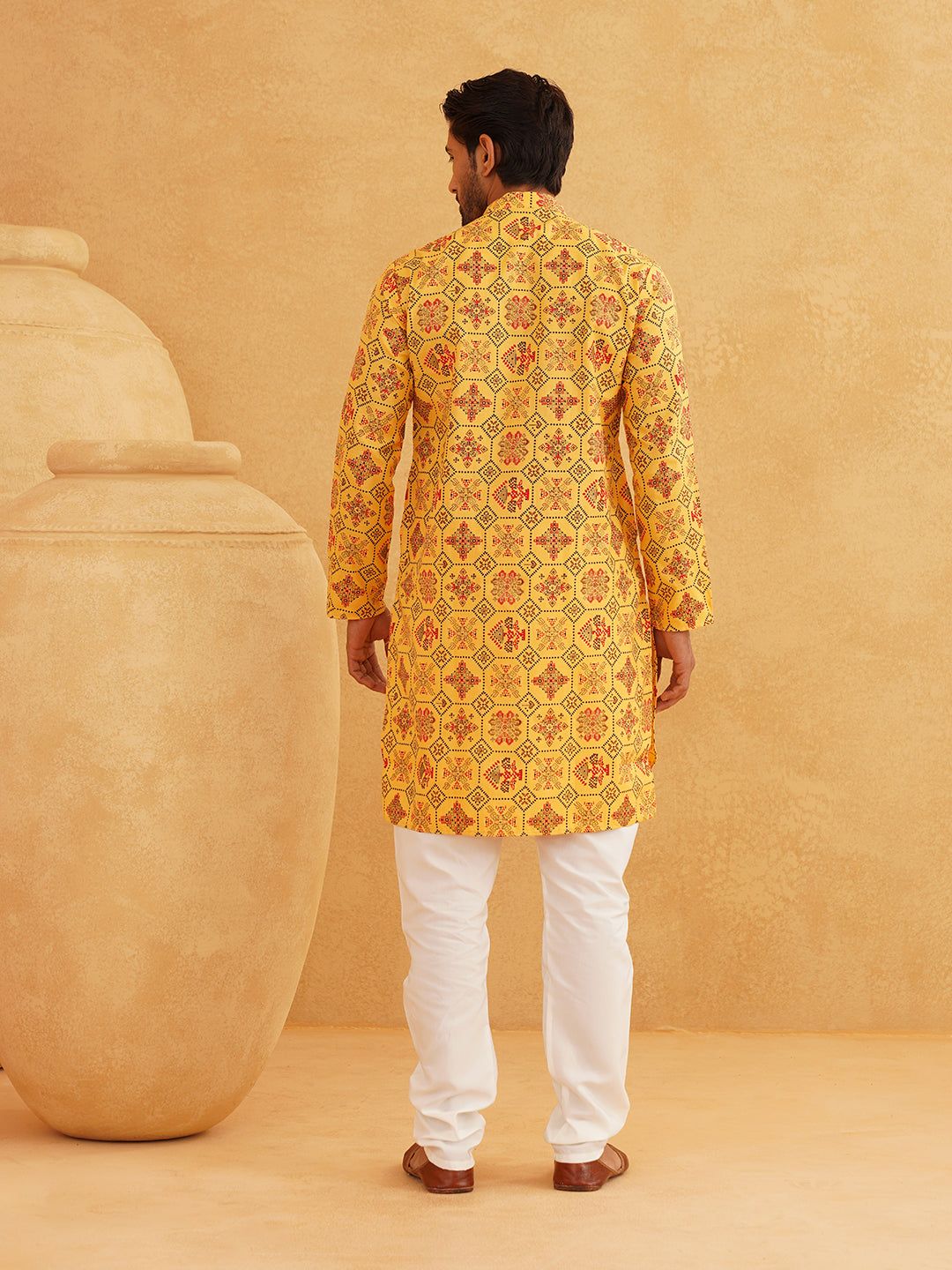 Men's Cotton Blend Yellow Kurta and Churidar Pyjama Set