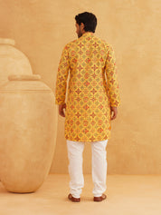 Men's Cotton Blend Yellow Kurta and Churidar Pyjama Set