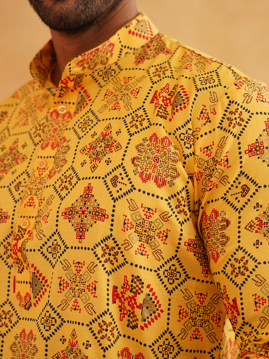 Men's Cotton Blend Yellow Kurta and Churidar Pyjama Set