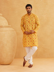 Men's Cotton Blend Yellow Kurta and Churidar Pyjama Set