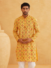 Men's Cotton Blend Yellow Kurta and Churidar Pyjama Set