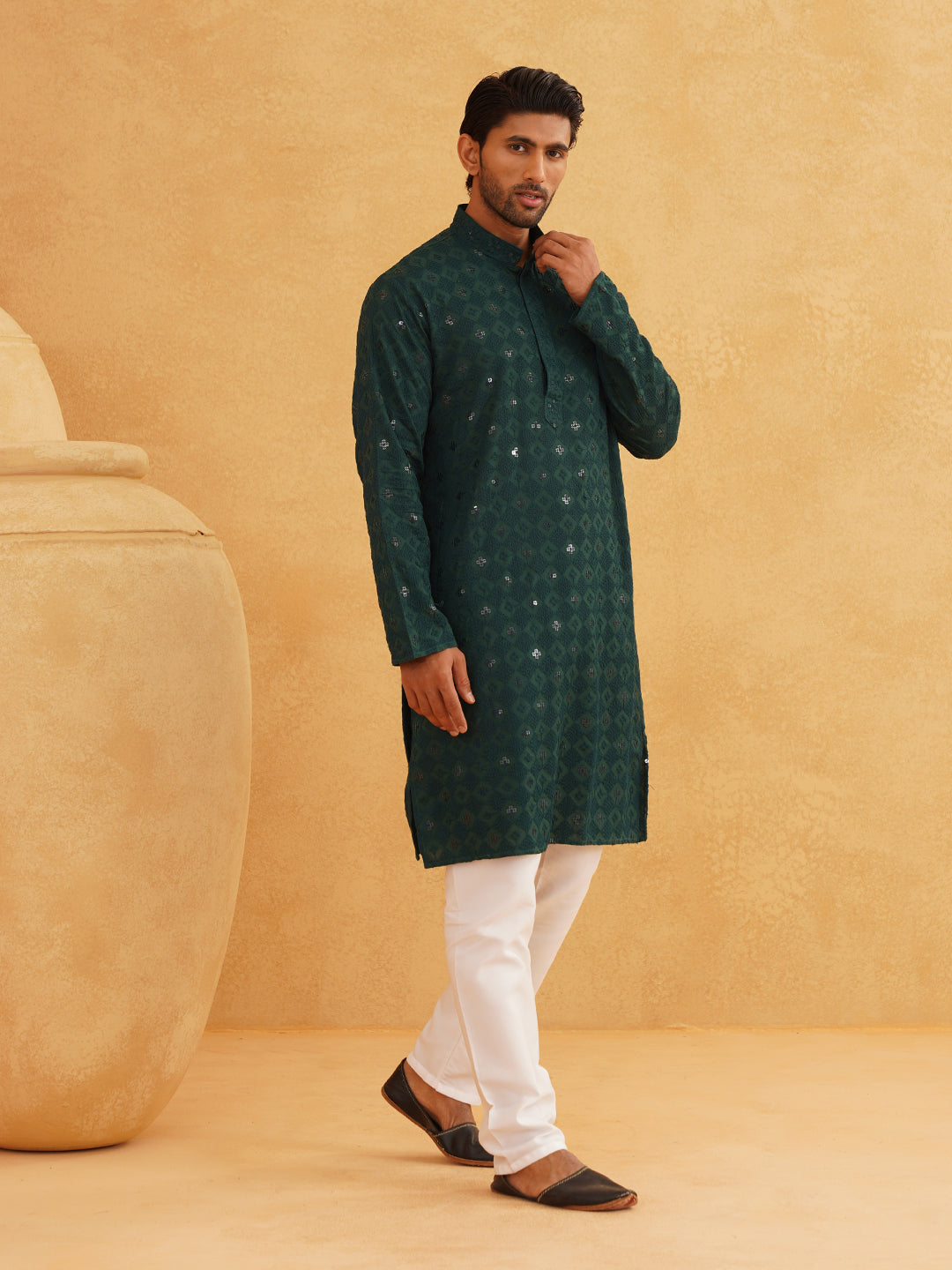 Men's Cotton Embroidered Sequinned Green Kurta with white Churidaar Pyjama