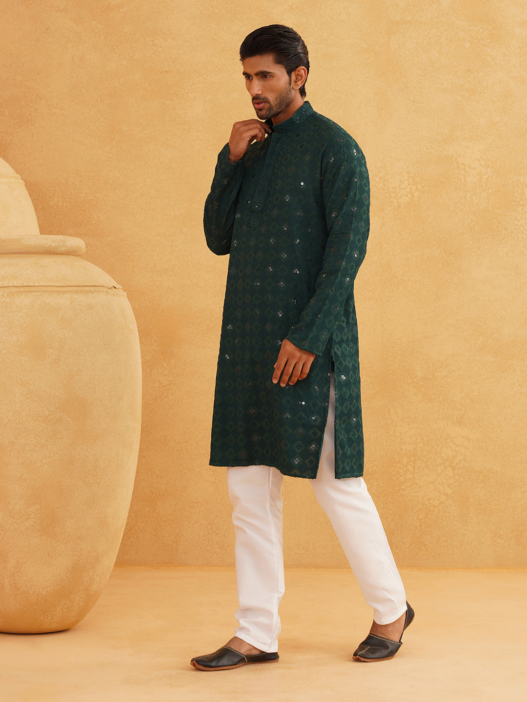 Men's Cotton Embroidered Sequinned Green Kurta with white Churidaar Pyjama