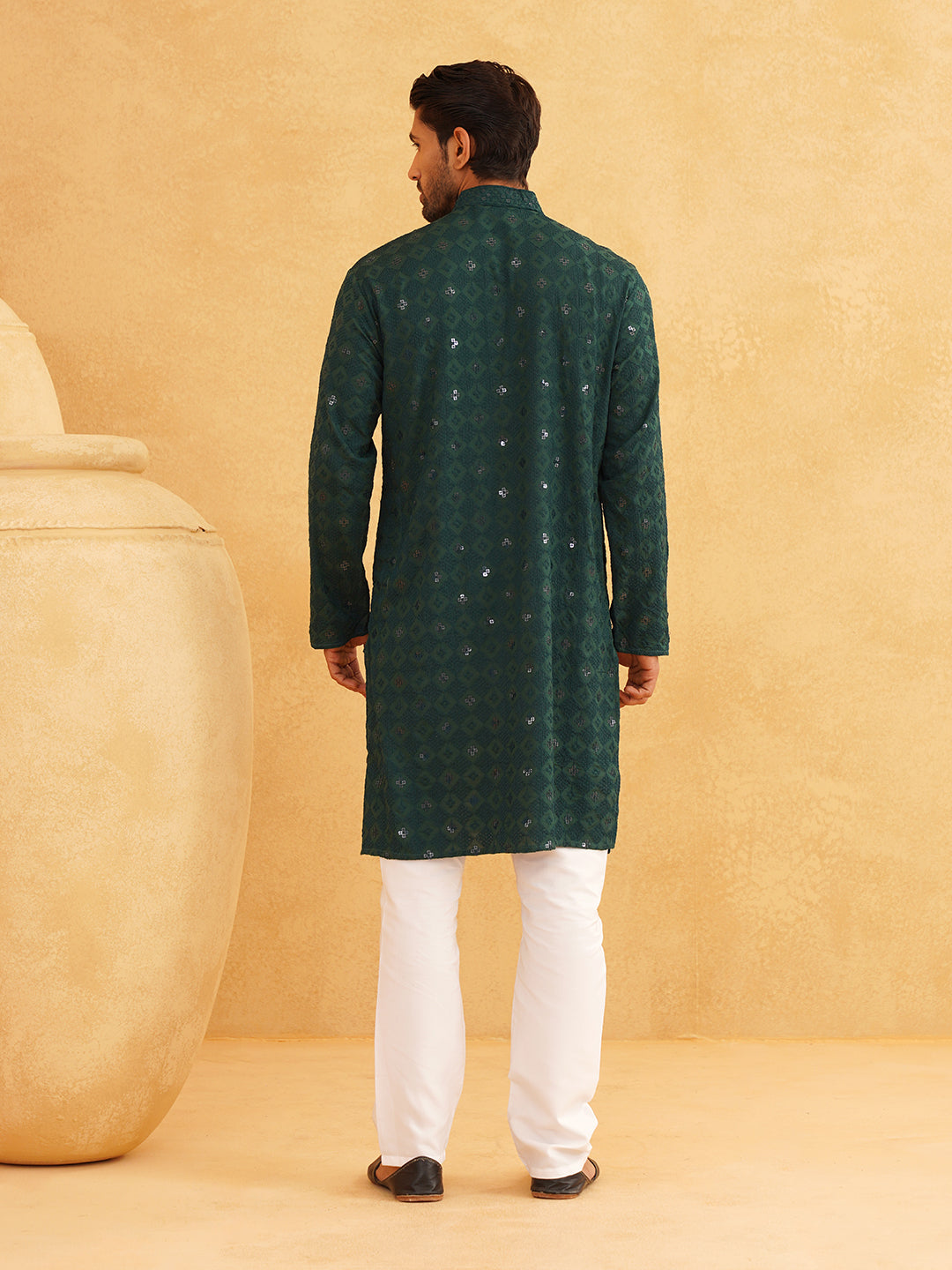 Men's Cotton Embroidered Sequinned Green Kurta with white Churidaar Pyjama