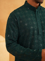 Men's Cotton Embroidered Sequinned Green Kurta with white Churidaar Pyjama