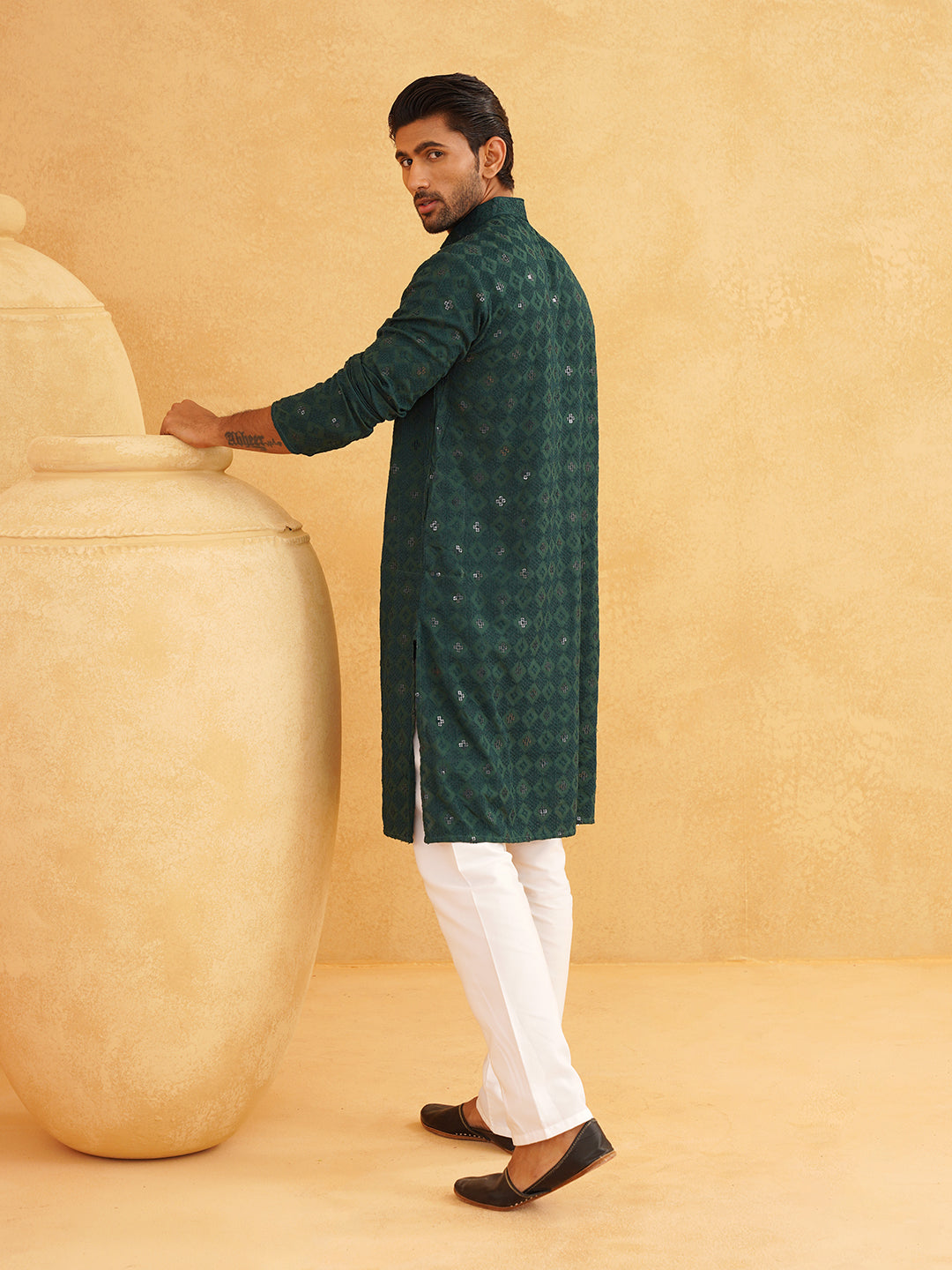 Men's Cotton Embroidered Sequinned Green Kurta with white Churidaar Pyjama