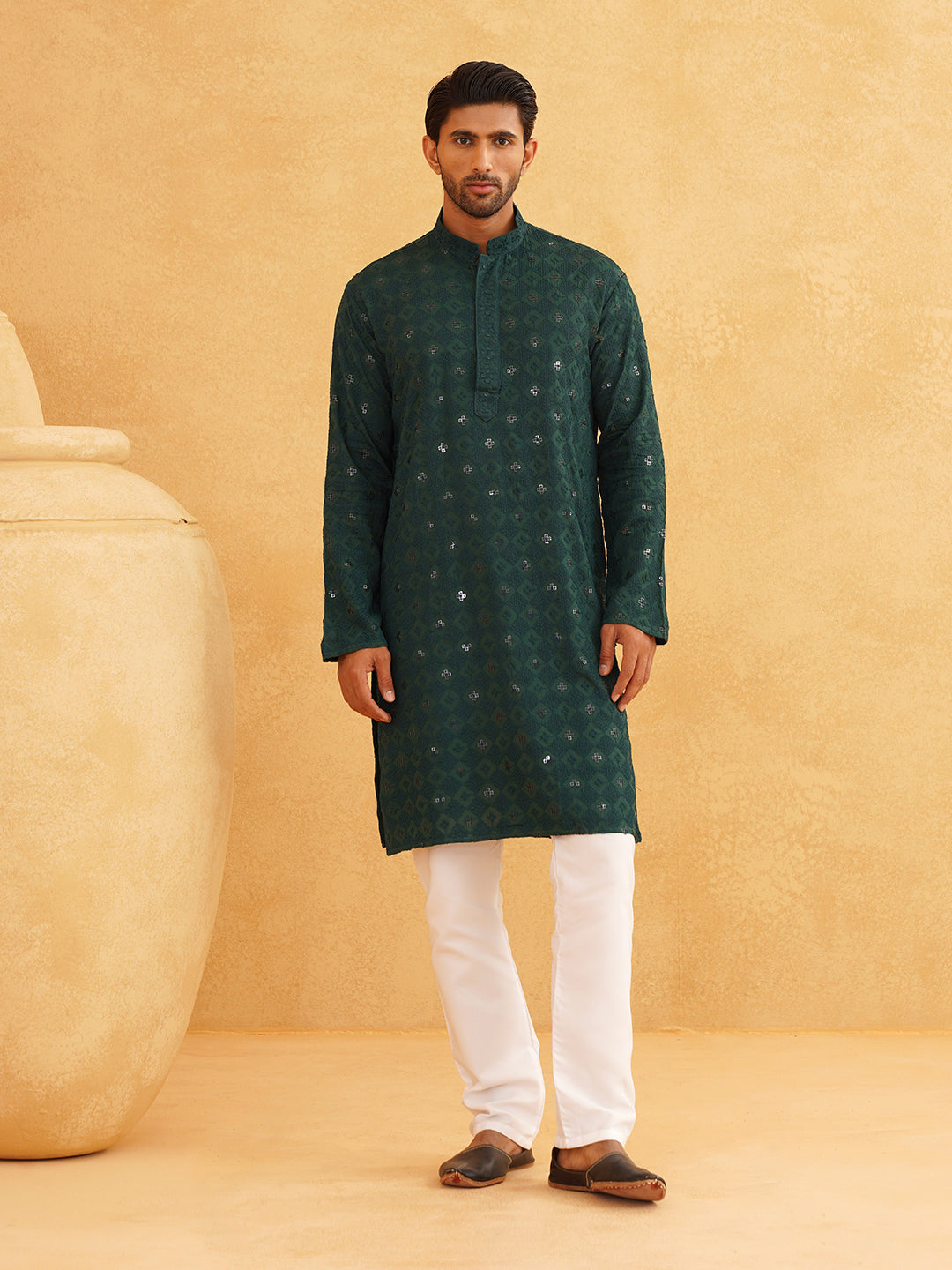 Men's Cotton Embroidered Sequinned Green Kurta with white Churidaar Pyjama