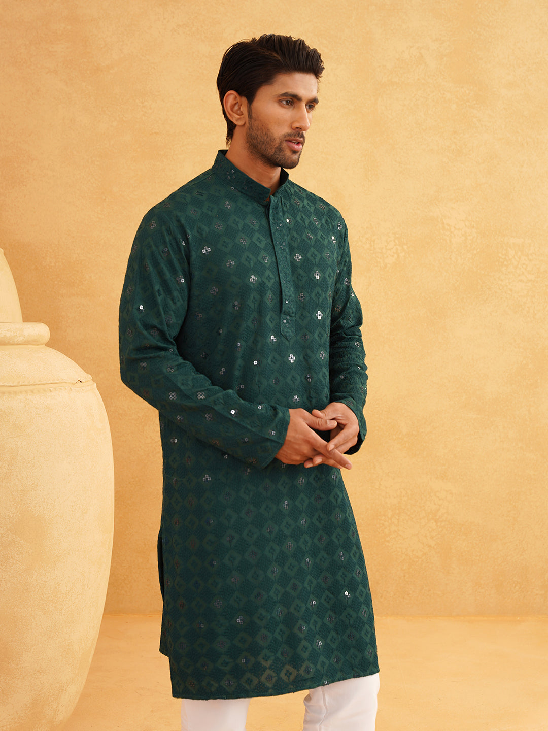 Men's Cotton Embroidered Sequinned Green Kurta with white Churidaar Pyjama