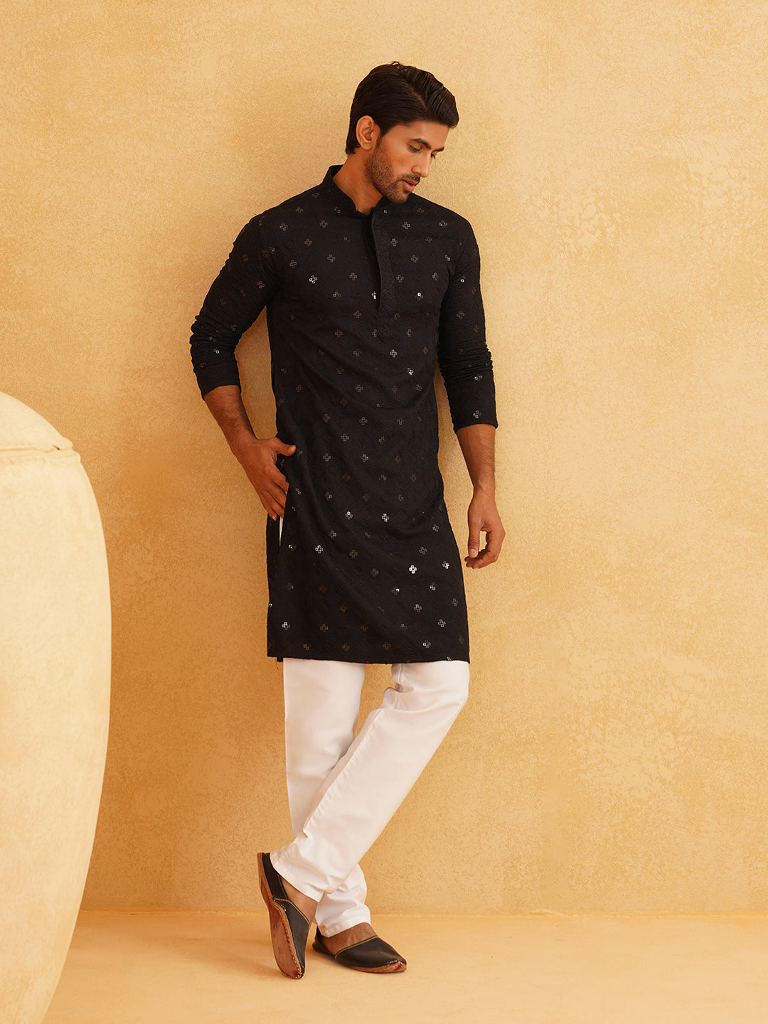 Men's Cotton Embroidered Sequinned Black Kurta with white Churidaar Pyjama