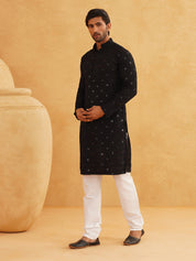 Men's Cotton Embroidered Sequinned Black Kurta with white Churidaar Pyjama