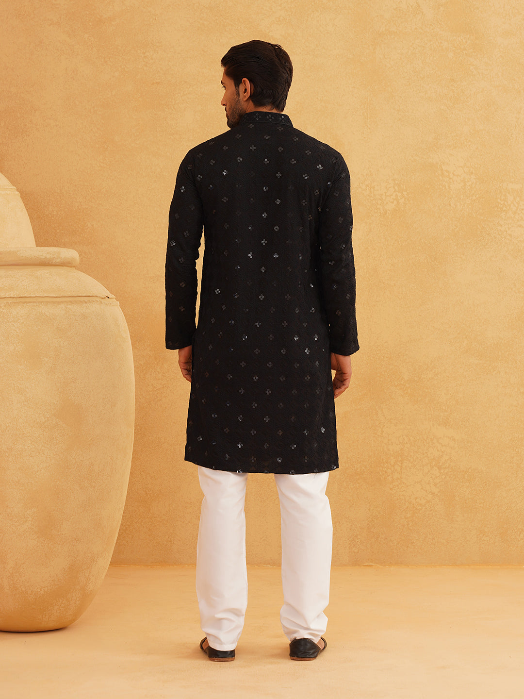 Men's Cotton Embroidered Sequinned Black Kurta with white Churidaar Pyjama