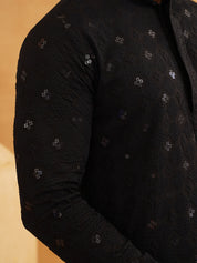 Men's Cotton Embroidered Sequinned Black Kurta with white Churidaar Pyjama