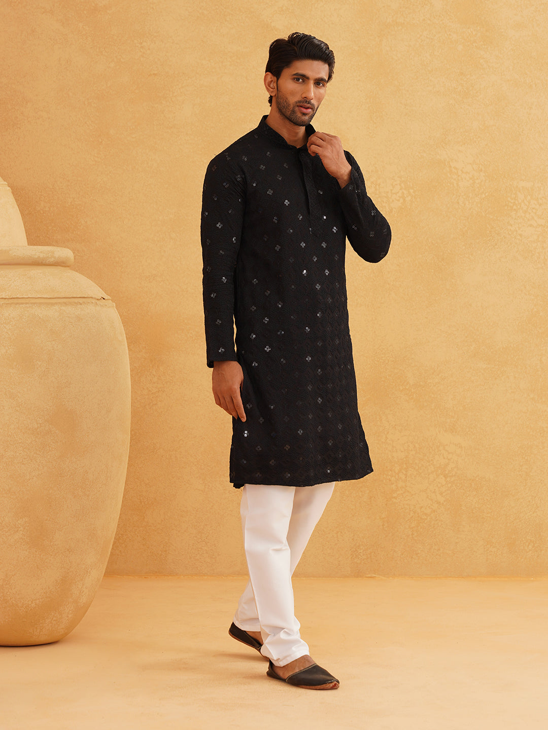 Men's Cotton Embroidered Sequinned Black Kurta with white Churidaar Pyjama