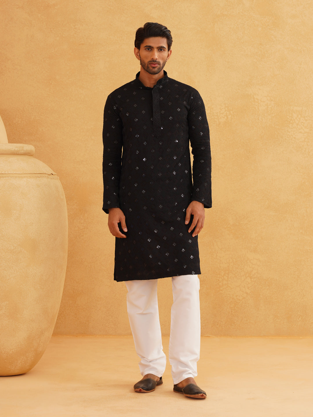 Men's Cotton Embroidered Sequinned Black Kurta with white Churidaar Pyjama