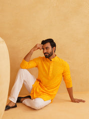 Men's Cotton Embroidered Sequinned Yellow Kurta with white Churidaar Pyjama