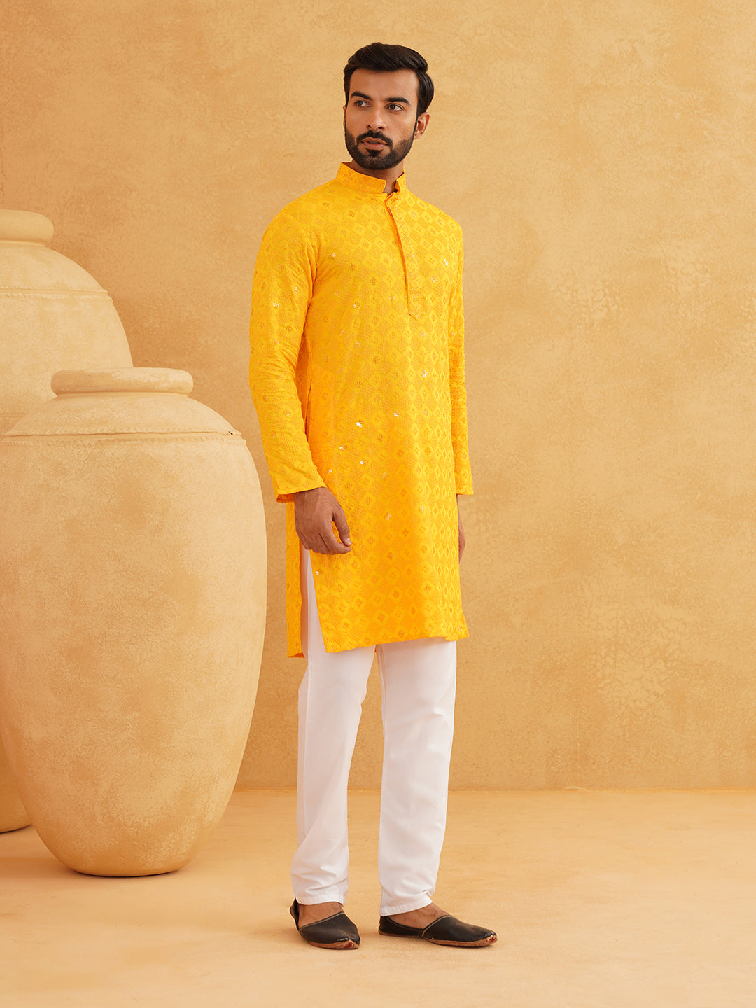 Men's Cotton Embroidered Sequinned Yellow Kurta with white Churidaar Pyjama