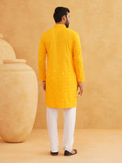 Men's Cotton Embroidered Sequinned Yellow Kurta with white Churidaar Pyjama