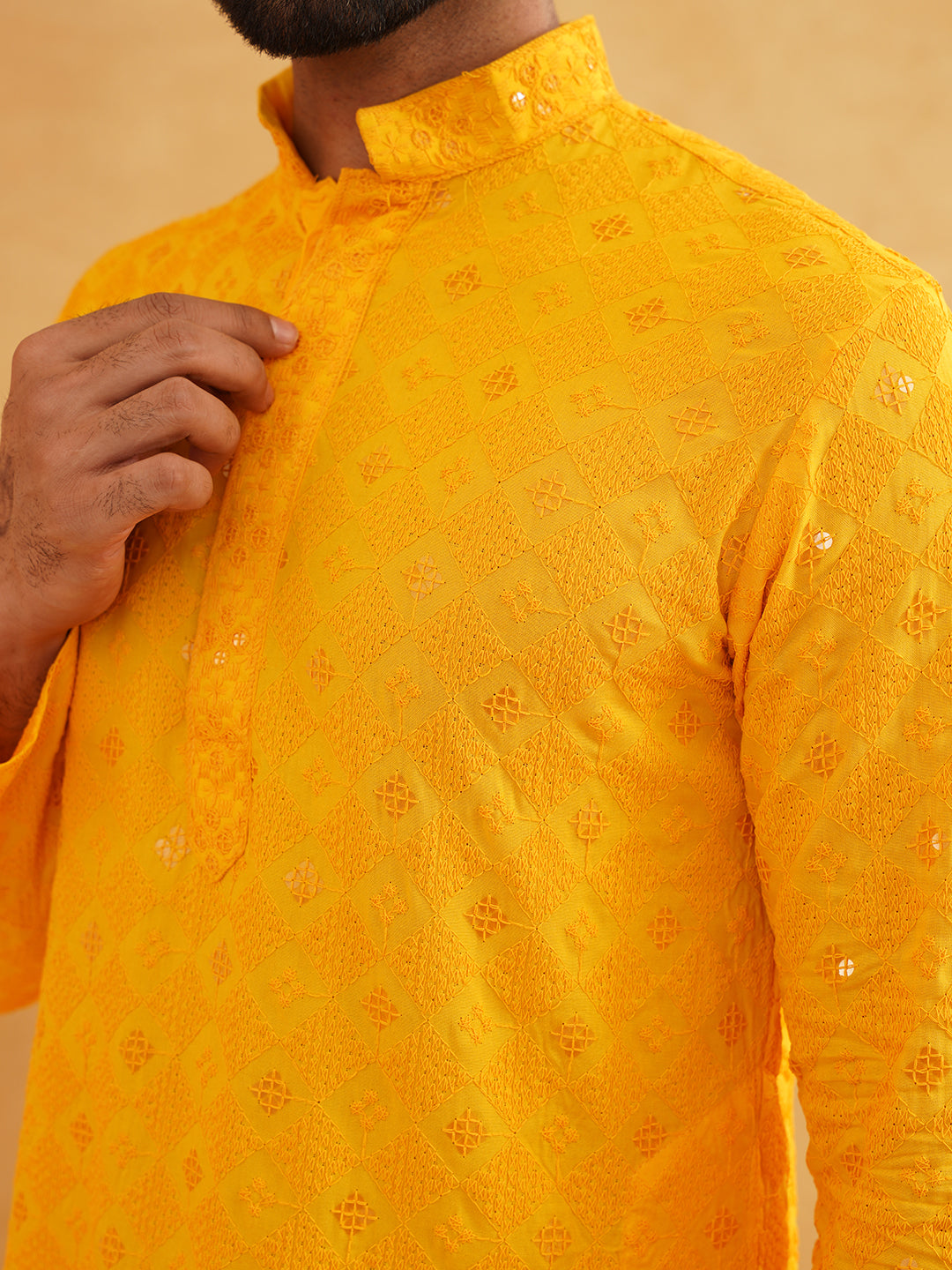 Men's Cotton Embroidered Sequinned Yellow Kurta with white Churidaar Pyjama