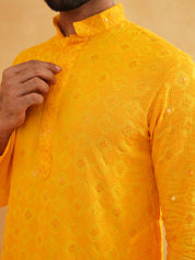 Men's Cotton Embroidered Sequinned Yellow Kurta with white Churidaar Pyjama