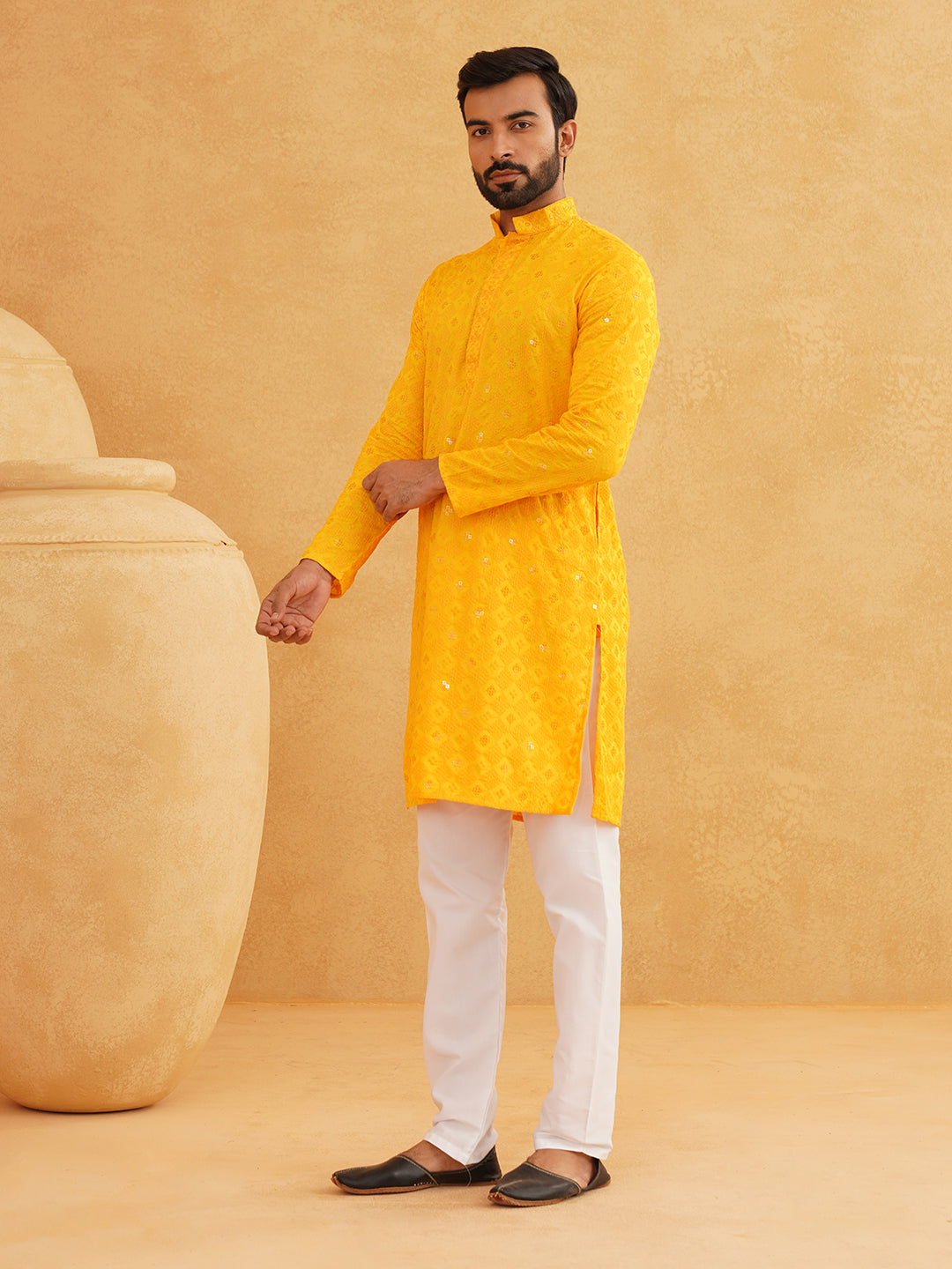 Men's Cotton Embroidered Sequinned Yellow Kurta with white Churidaar Pyjama