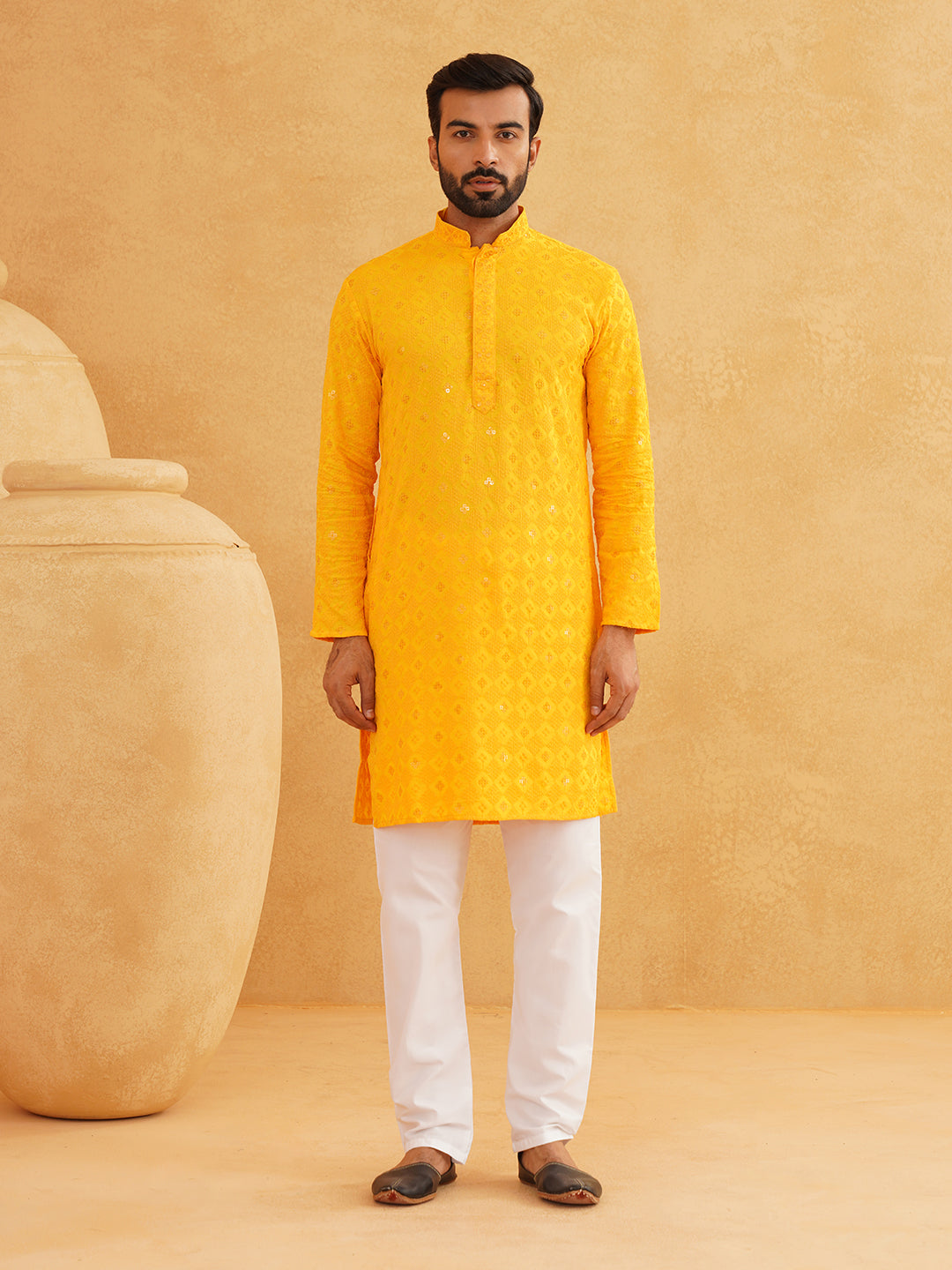 Men's Cotton Embroidered Sequinned Yellow Kurta with white Churidaar Pyjama