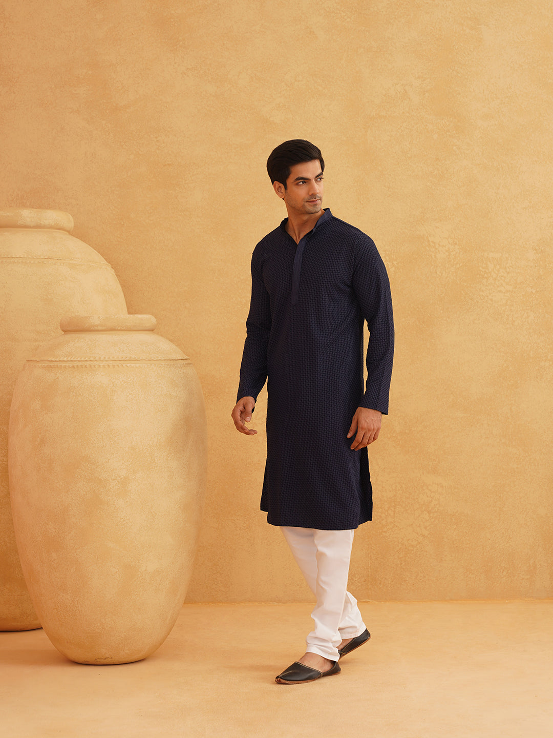 Men's Thread Work Cotton Straight Navy Blue Kurta With white churidar