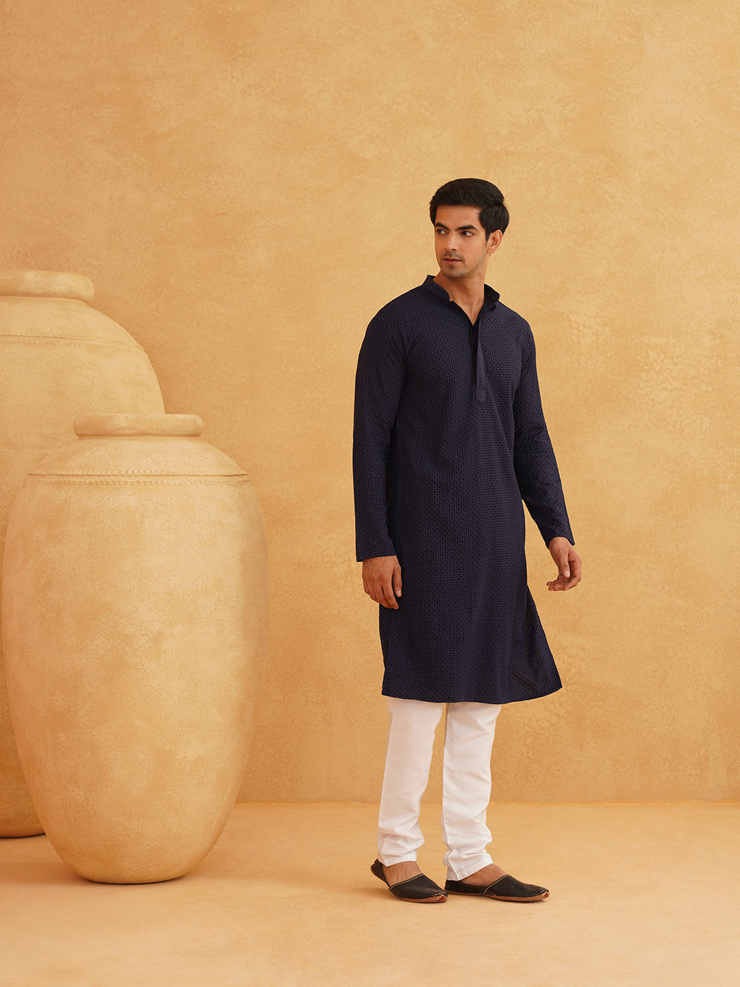 Men's Thread Work Cotton Straight Navy Blue Kurta With white churidar