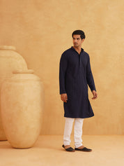 Men's Thread Work Cotton Straight Navy Blue Kurta With white churidar