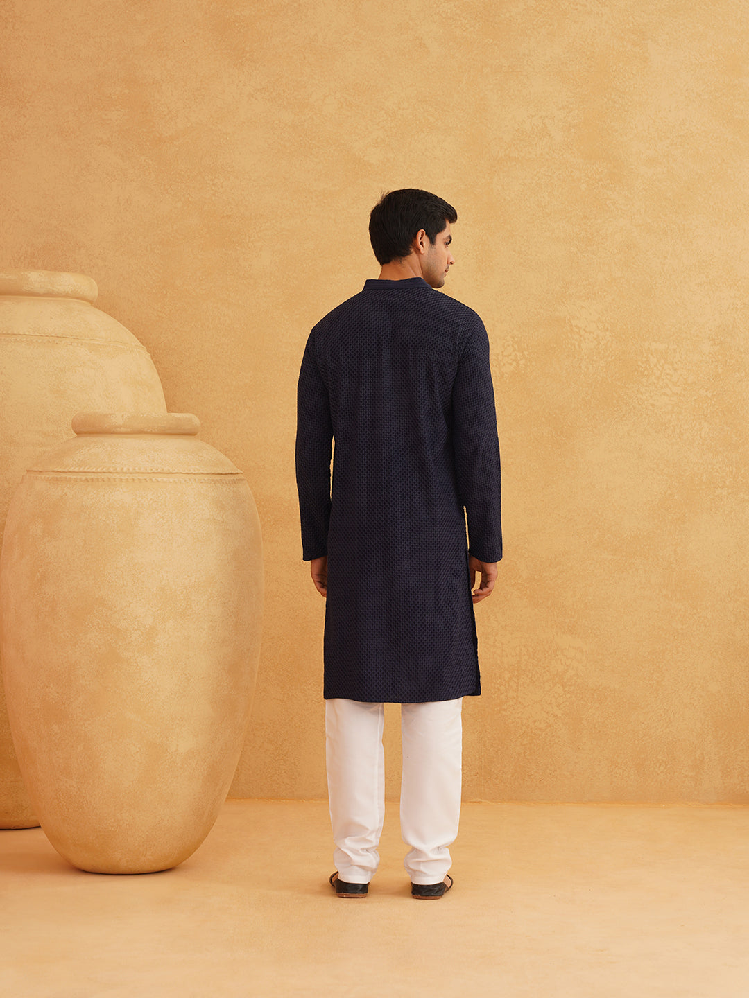 Men's Thread Work Cotton Straight Navy Blue Kurta With white churidar