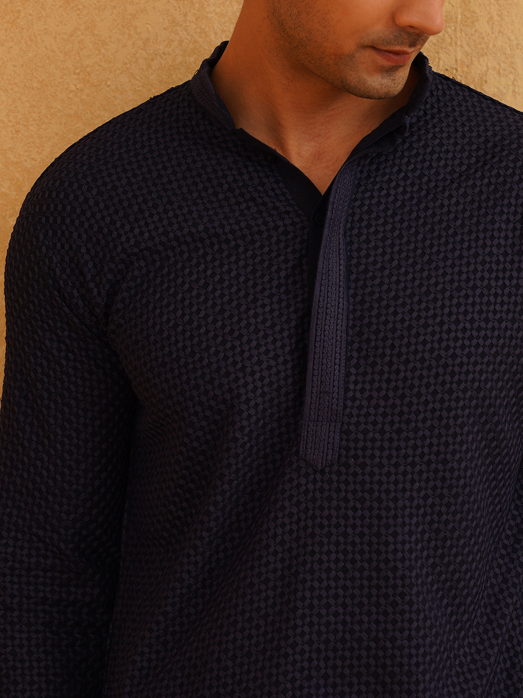 Men's Thread Work Cotton Straight Navy Blue Kurta With white churidar