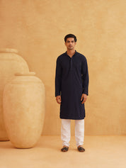 Men's Thread Work Cotton Straight Navy Blue Kurta With white churidar