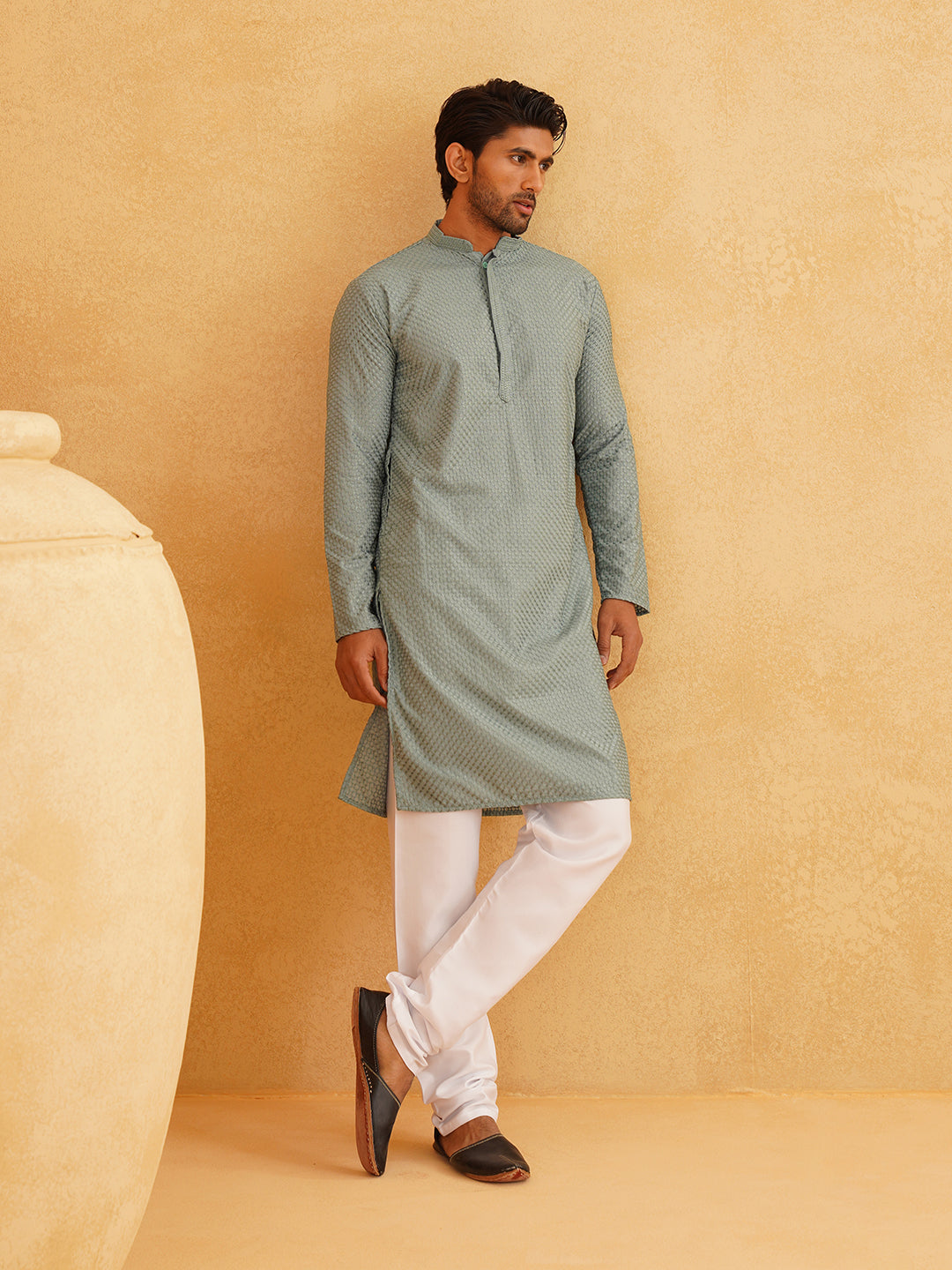 Men's Thread Work Cotton Straight Sea Green Kurta With white churidar