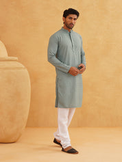 Men's Thread Work Cotton Straight Sea Green Kurta With white churidar